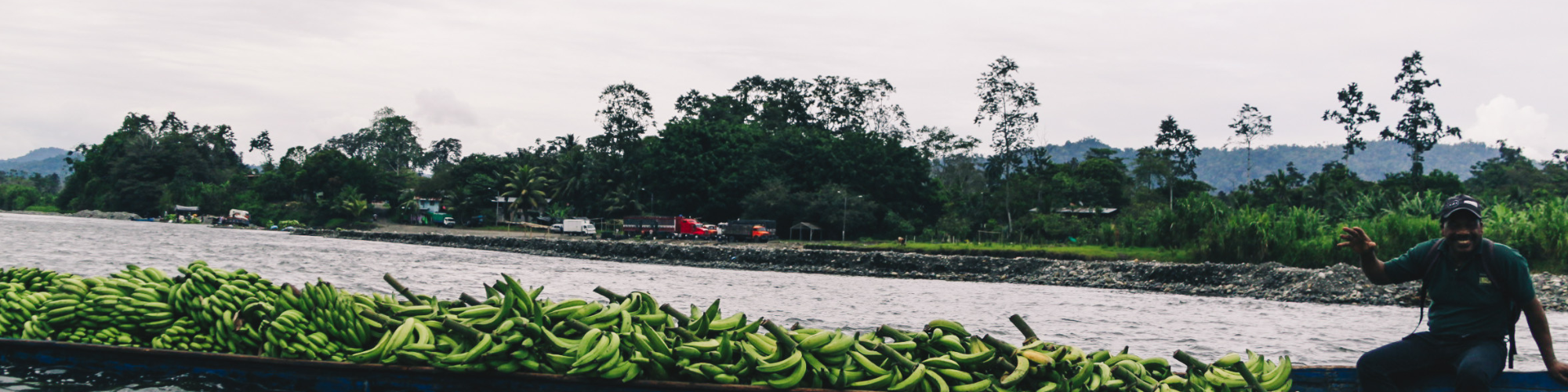 A man sitting on the edge of a long boat filled with green bananas, floating on a river. The background shows a green landscape with trees and hills under a cloudy sky. The man is waving and smiling towards the camera.