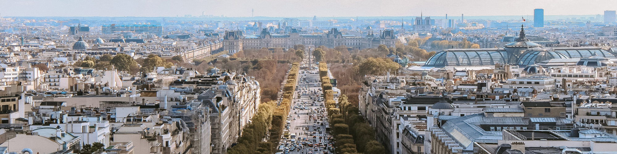 A panoramic view of a wide, bustling avenue in a large city, flanked by rows of historic buildings. The avenue is lined with trees and leads toward a grand, domed structure in the distance. The cityscape is expansive, with a mix of classic and modern architecture, under a clear sky.